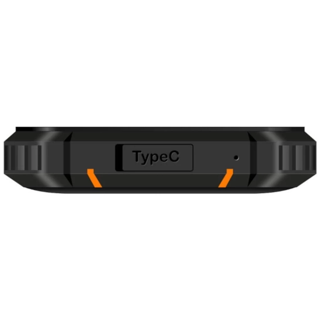 Puerto inferior del Oukitel WP23S naranja con tapa Type-C sellada, bordes rugerizados negros, detalles naranjas y diseño resistente IP69K