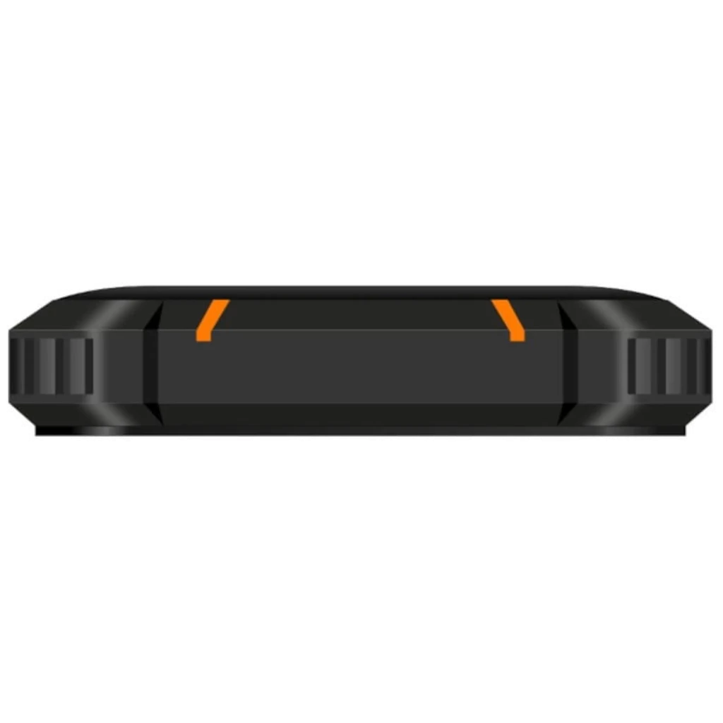 Borde lateral robusto en negro con detalles naranjas del Oukitel WP23S, diseño resistente IP69K y acabado antideslizante ideal para uso rudo