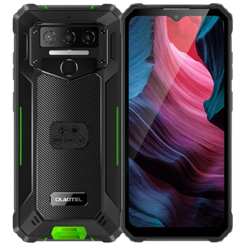 Oukitel WP23S verde rugerizado con bordes reforzados, triple cámara trasera, lector de huellas, detalles en verde neón y pantalla frontal sin marcos gruesos