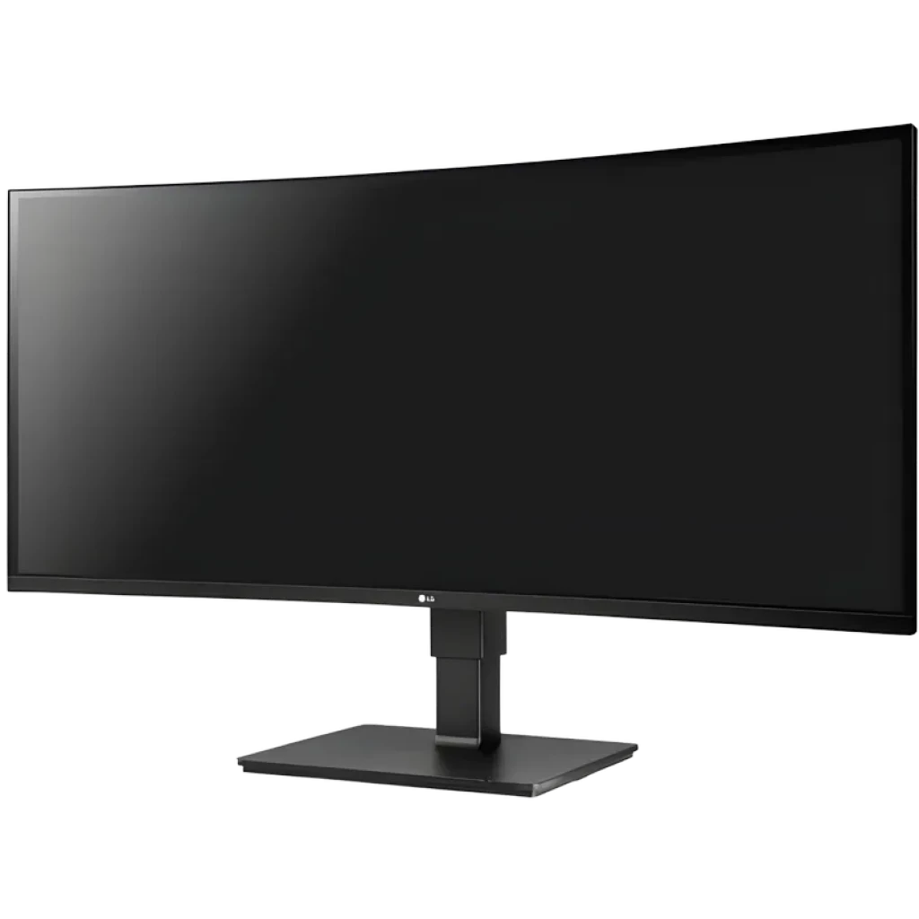Monitor curvo LG 35BN77CP-B.AEU de 35 pulgadas UltraWide QHD, pantalla negra sin biseles visibles, soporte ajustable robusto y base rectangular estable