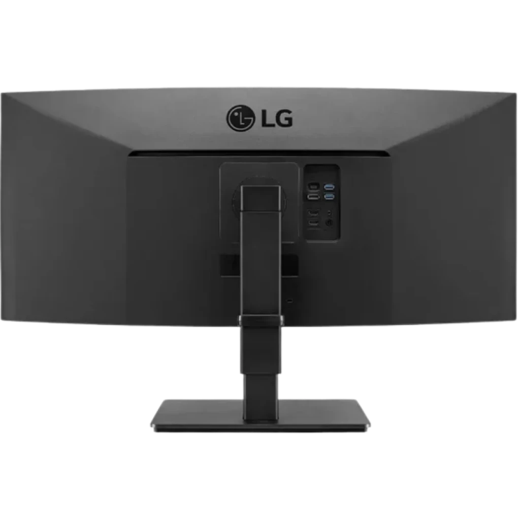 Parte trasera del monitor curvo LG 35BN77CP-B.AEU con soporte ajustable, puertos USB, USB-C, RJ45 y acabado negro mate en formato UltraWide 35 pulgadas