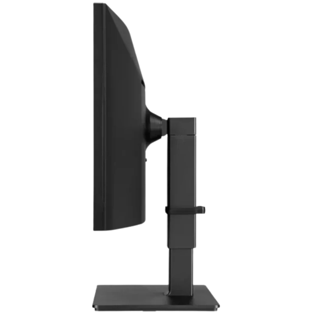 Perfil lateral del monitor curvo LG 35BN77CP-B.AEU con soporte ajustable en altura, bisel delgado y acabado negro mate, base robusta y gestión de cables