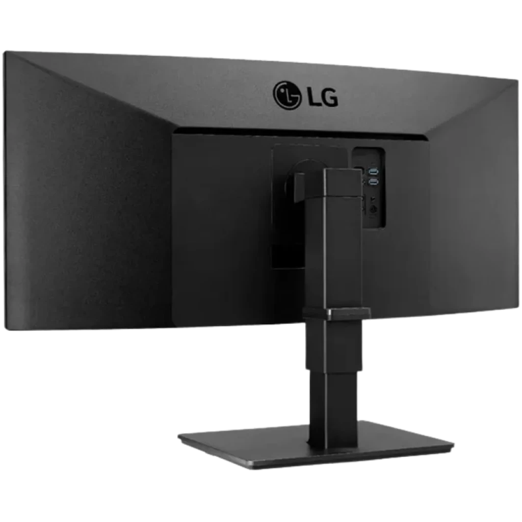 Parte trasera del monitor curvo LG 35BN77CP-B.AEU con soporte ajustable, puertos USB y RJ45 laterales, diseño negro mate y gestión de cables integrada