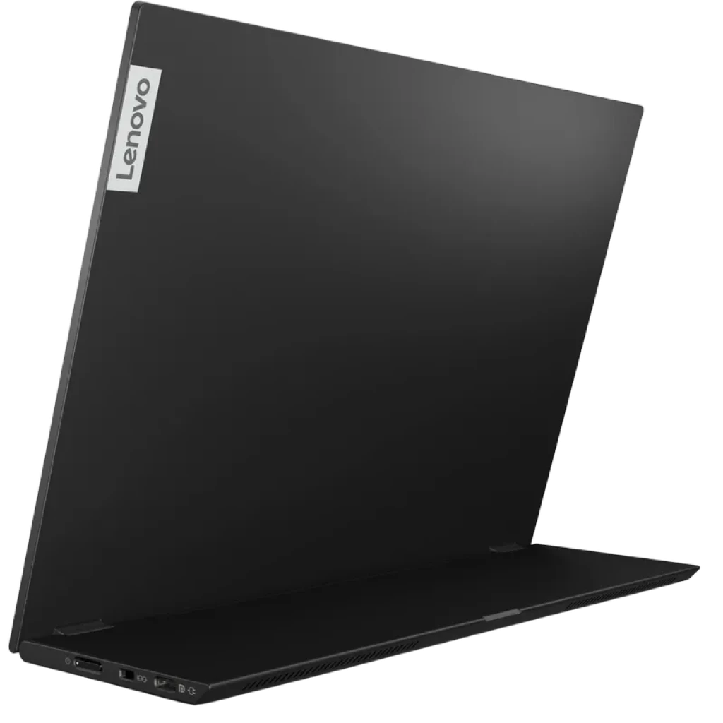 Écran portable Lenovo ThinkVision M14t Gen 2, 14 pouces 2,2K tactile, châssis noir fin, support inclinable, ports USB C latéraux, logo Lenovo visible