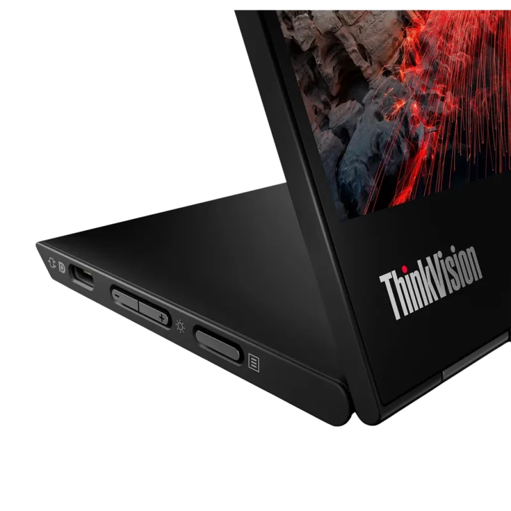 Lenovo ThinkVision M14t Gen 2 14 pouces 2,2K tactile, écran portable fin noir, bordures fines, ports USB-C latéraux, boutons volume et luminosité visibles
