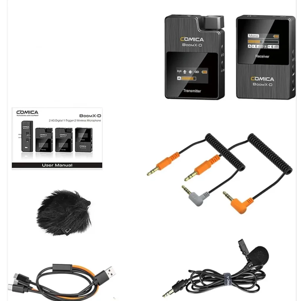 Comica BoomX-D D1 Negro: transmisor y receptor compactos con pantallas, micrófono lavalier, deadcat, cables TRS/TRRS en espiral y cable USB-C a USB-A