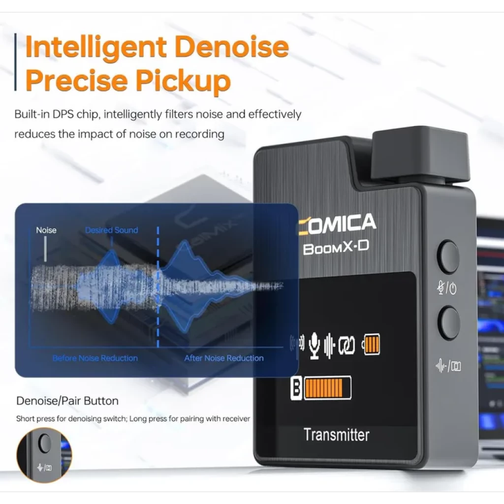 Comica BoomX-D D1 Negro, transmisor inalámbrico compacto con pantalla OLED, botón de emparejamiento y clip; diseño metálico con cancelación de ruido