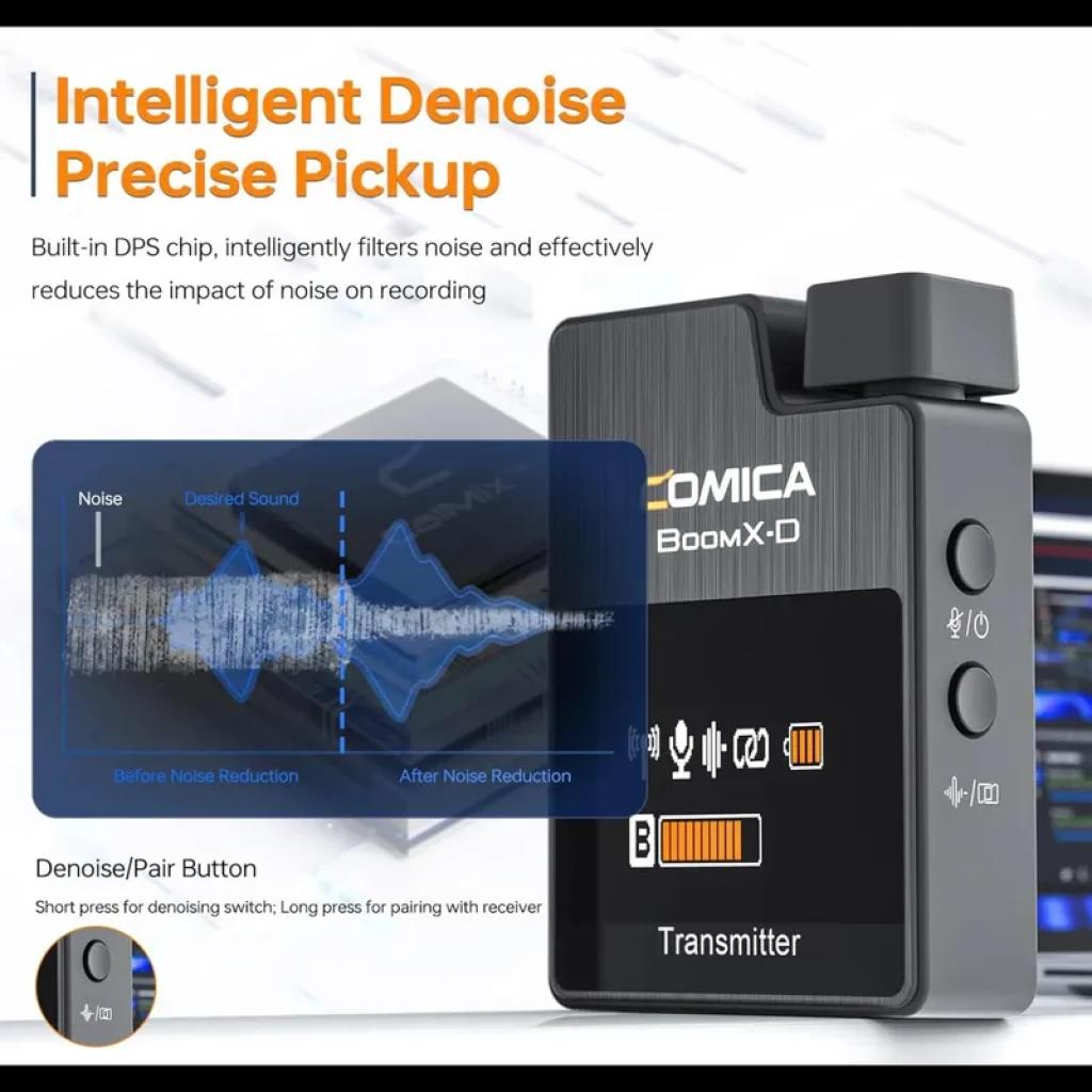Comica BoomX-D D1 Negro, transmisor inalámbrico compacto con pantalla OLED, botón de emparejamiento y clip; diseño metálico con cancelación de ruido