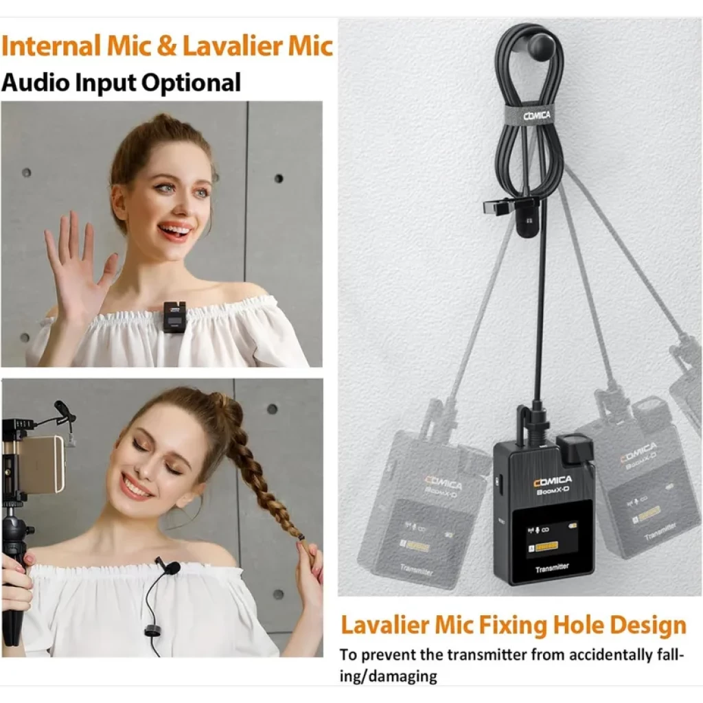 Comica BoomX-D D1 Negro: transmisor compacto con clip, micrófono lavalier con cable, indicador LED, puerto de entrada y orificio de fijación, apto para