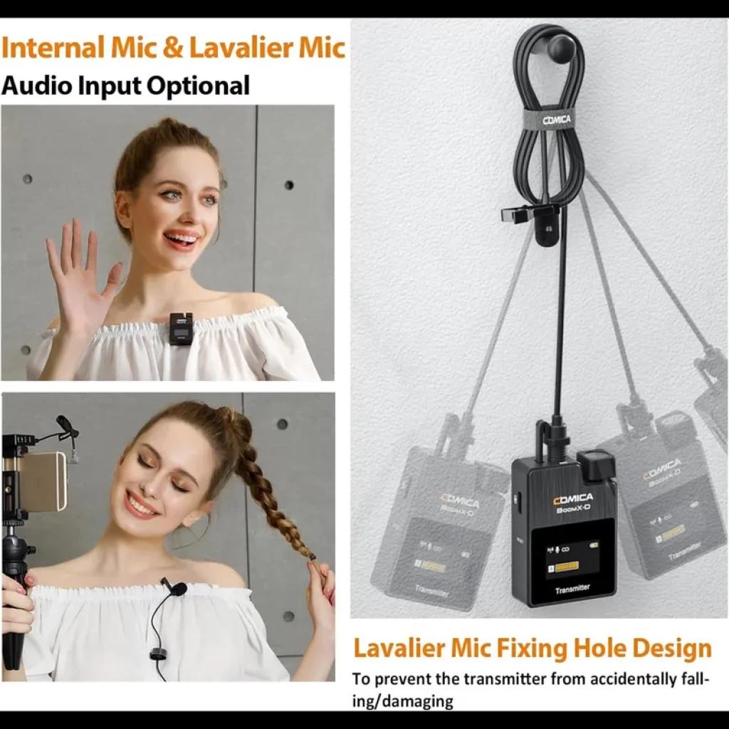 Comica BoomX-D D1 Negro: transmisor compacto con clip, micrófono lavalier con cable, indicador LED, puerto de entrada y orificio de fijación, apto para