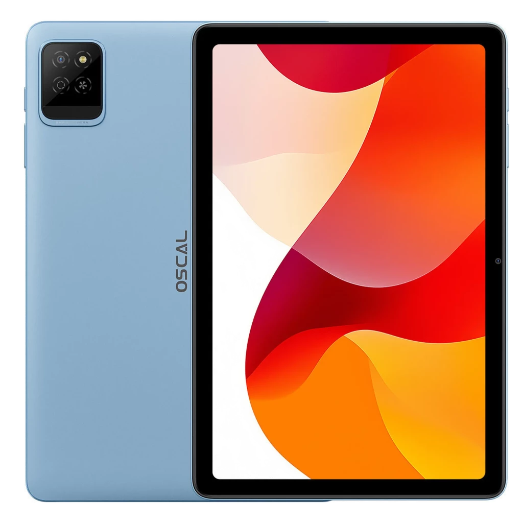 Oscal Pad 30 Wifi azul com tela IPS 10,1 pol sem bordas grossas, câmera traseira dupla com flash, frontal centralizada, corpo fino e 128 GB de armazenamento