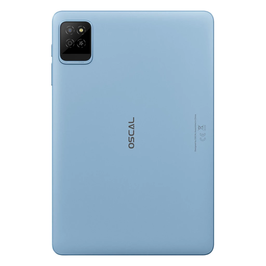 Oscal Pad 30 Wi‑Fi azul com traseira lisa, logo central e módulo de câmera quadrado com dupla lente e flash; design fino e cantos arredondados