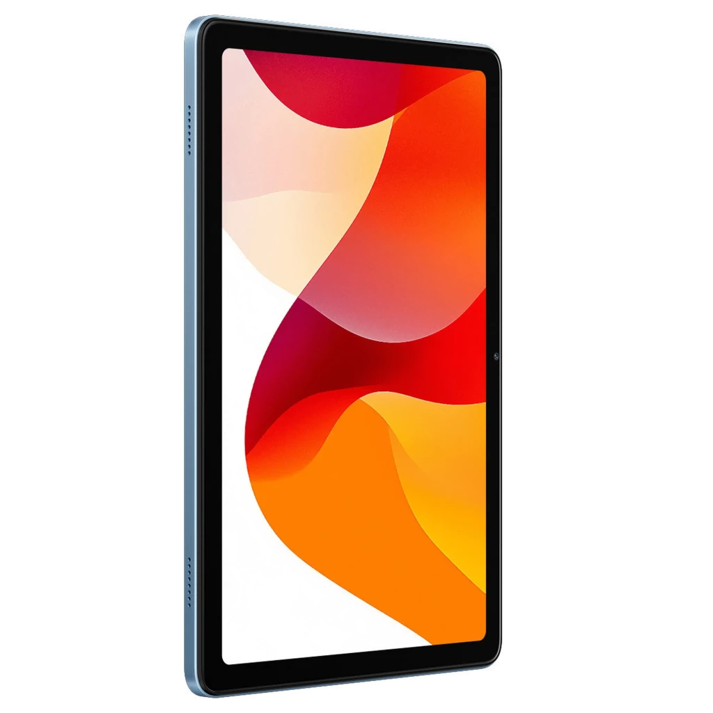 Tablet Oscal Pad 30 Wi‑Fi azul com tela IPS 10,1 pol quase sem bordas, corpo fino em alumínio e câmera frontal central; botão e portas na lateral esquerda