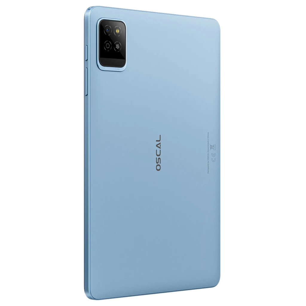Tablet Oscal Pad 30 Wifi azul claro com traseira lisa, logo OSCAL central, cantos arredondados e módulo de câmera dupla quadrado no canto superior esquerdo