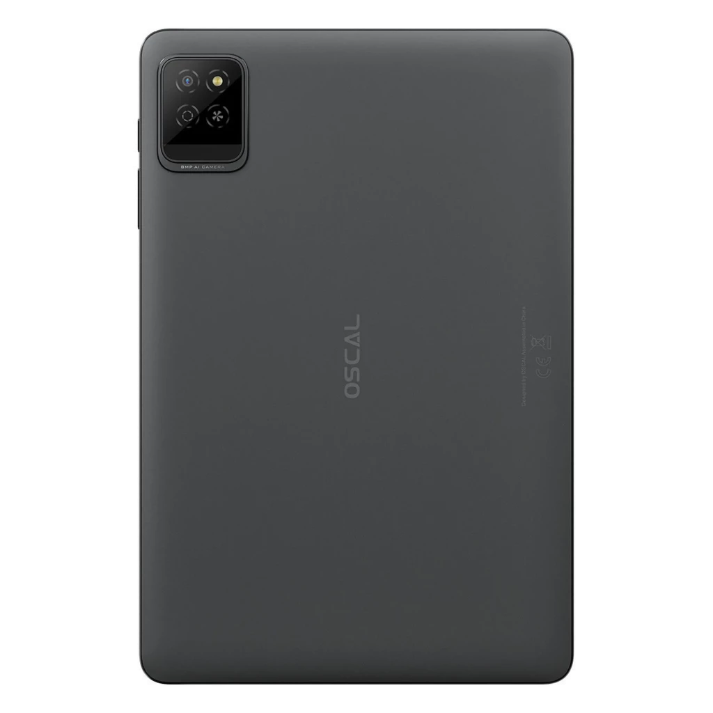 Tablette Oscal Pad 30 gris avec dos mat, module photo carré triple capteur et logo OSCAL centré, bords arrondis pour une prise en main confortable