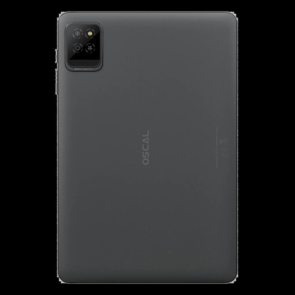 Tablette Oscal Pad 30 gris avec dos mat, module photo carré triple capteur et logo OSCAL centré, bords arrondis pour une prise en main confortable