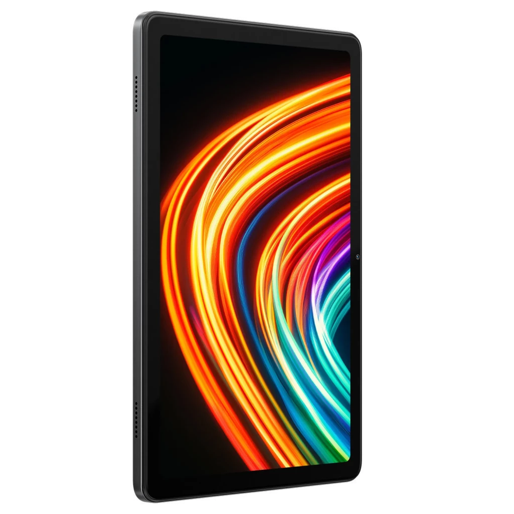 Tablette Oscal Pad 30 gris avec grand écran bord fin affichant des traînées lumineuses colorées, boîtier fin, caméra frontale centrée et bords arrondis