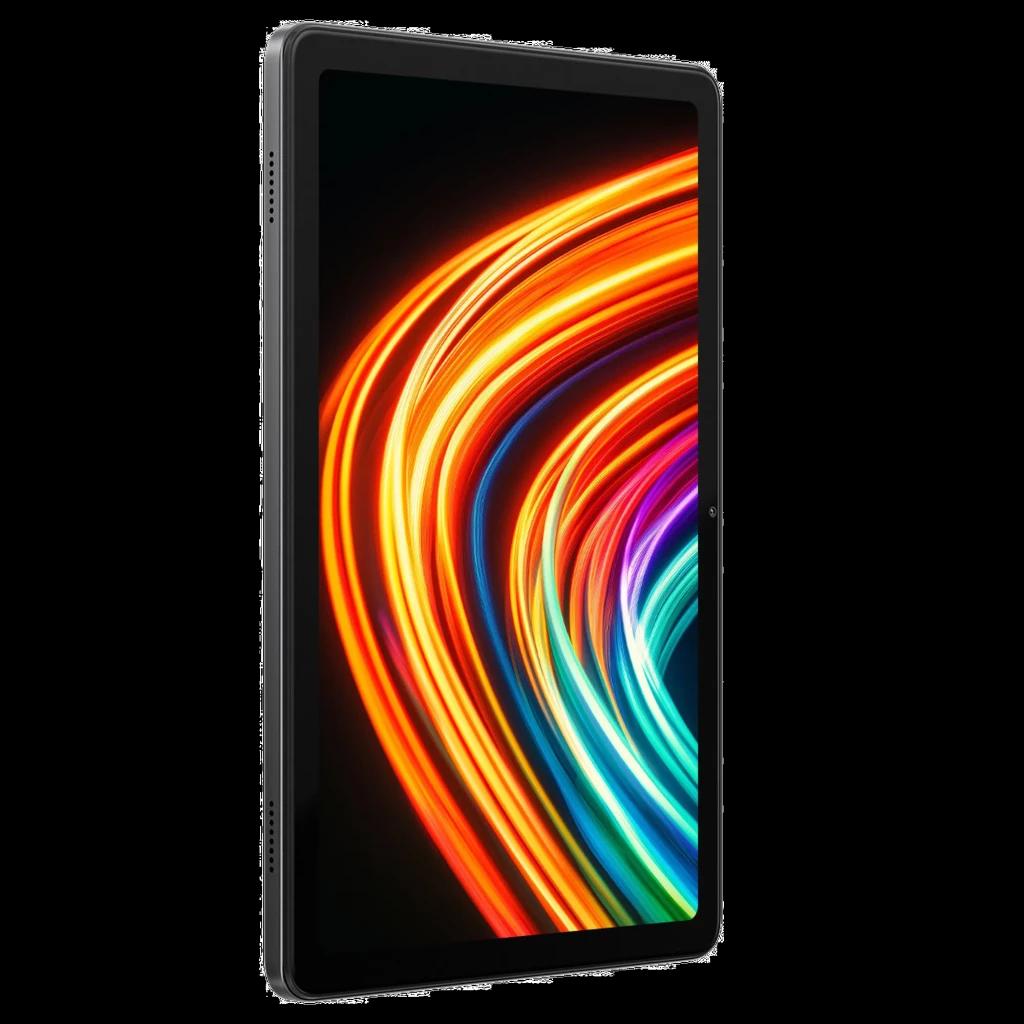 Tablette Oscal Pad 30 gris avec grand écran bord fin affichant des traînées lumineuses colorées, boîtier fin, caméra frontale centrée et bords arrondis