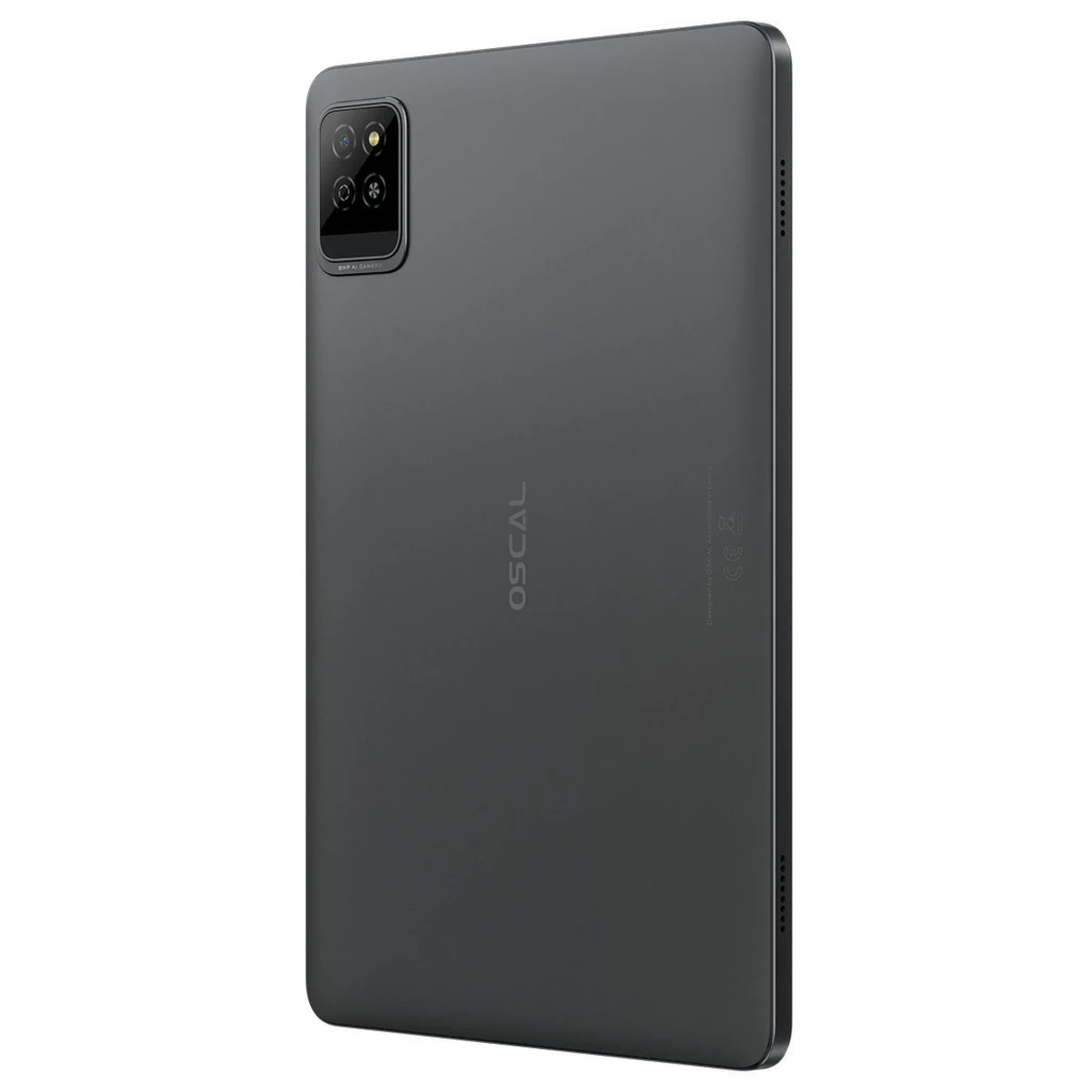 Tablette grise mince Oscal Pad 30 avec coque mate, module photo carré double capteur et flash, logo latéral discret, bords arrondis élégants