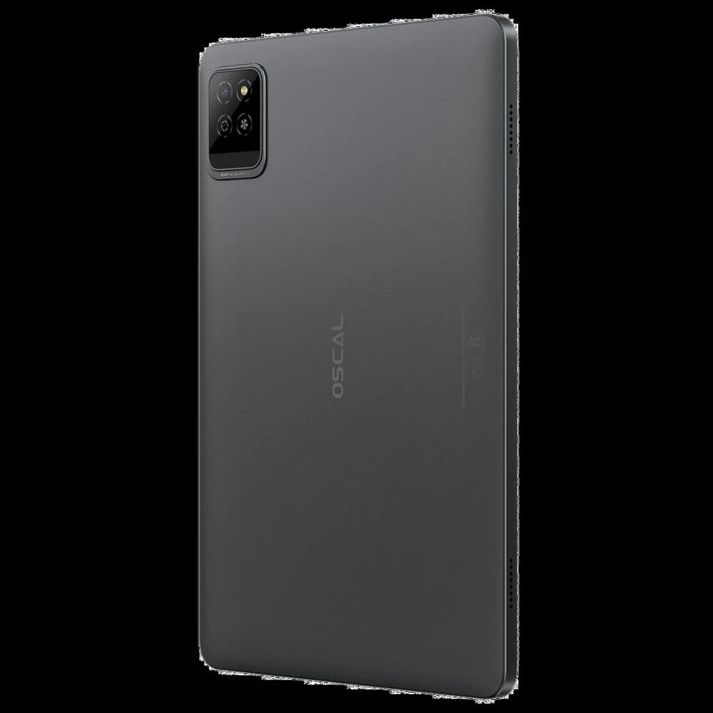 Tablette grise mince Oscal Pad 30 avec coque mate, module photo carré double capteur et flash, logo latéral discret, bords arrondis élégants