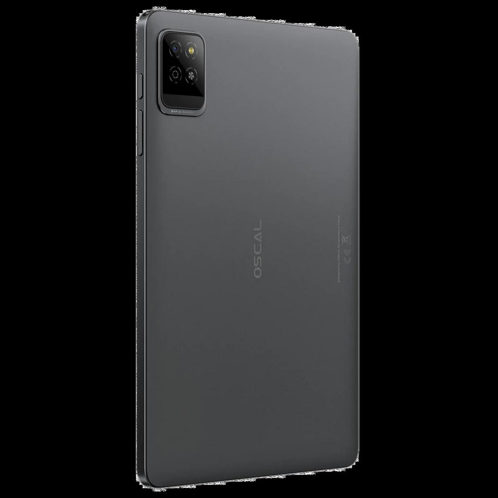 Tablette grise fine avec dos mat, module photo carré à double capteur et flash. Marque Oscal au centre, bords arrondis, design sobre et élégant.