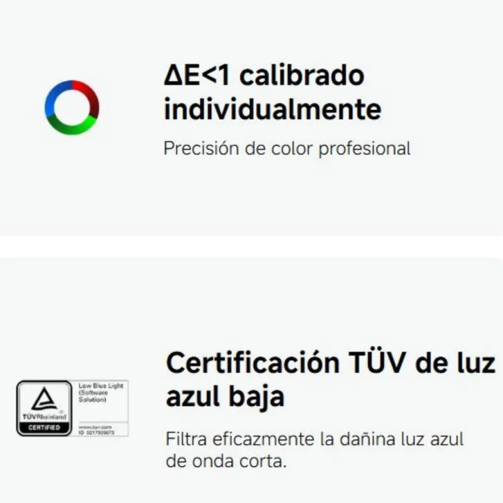 Gráfico de calibración ΔE<1 y sello TÜV Low Blue Light que destacan precisión de color profesional y reducción de luz azul para el Xiaomi Monitor A27i