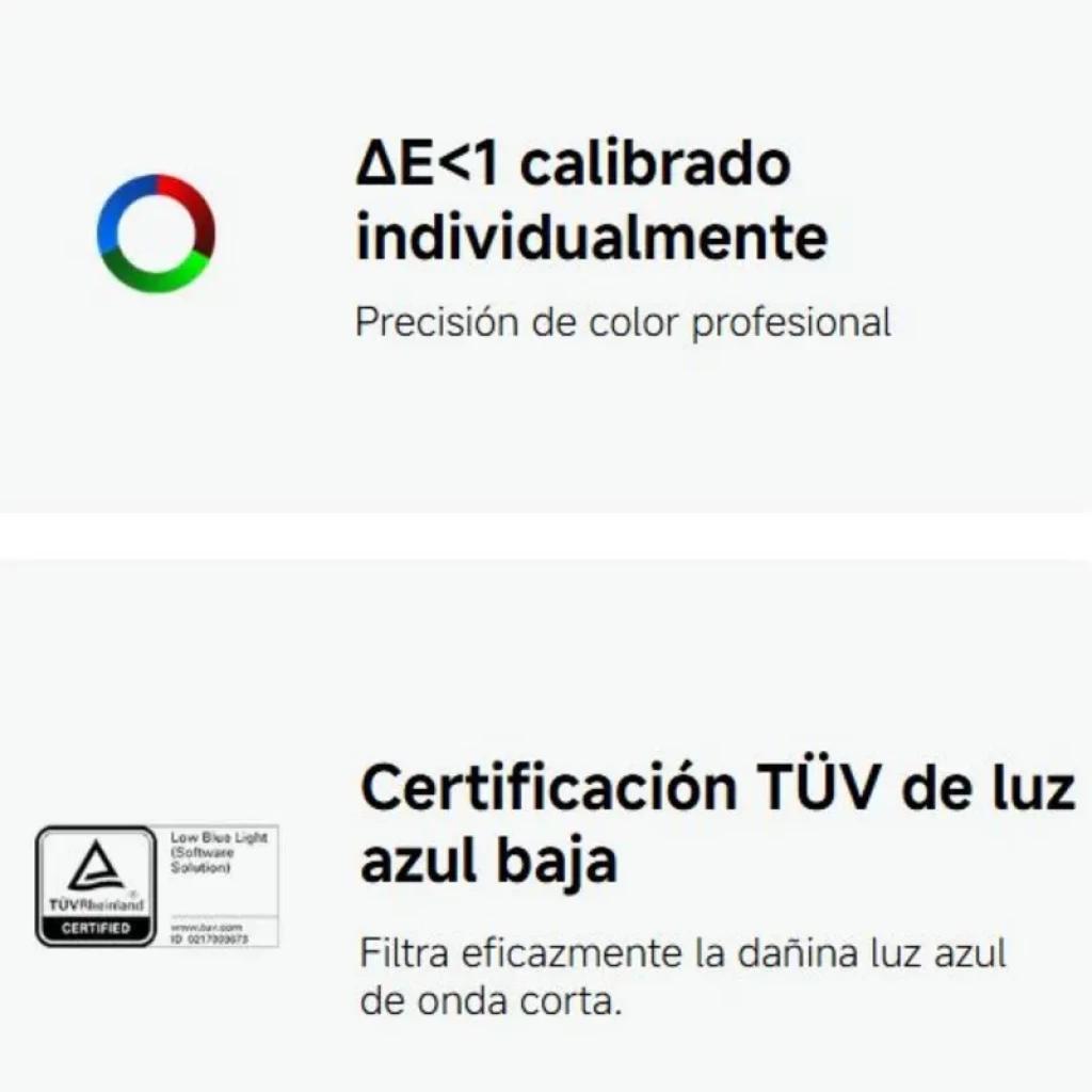 Gráfico de calibración ΔE<1 y sello TÜV Low Blue Light que destacan precisión de color profesional y reducción de luz azul para el Xiaomi Monitor A27i