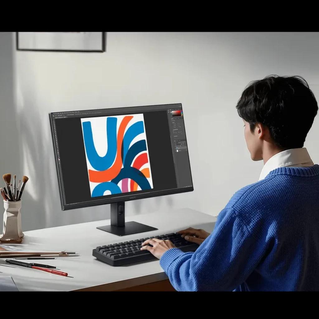 Xiaomi Monitor A27i 2026, panel IPS 27 pulgadas FHD, 144Hz, marcos delgados, soporte ajustable, colores vivos en escritorio moderno con teclado compacto