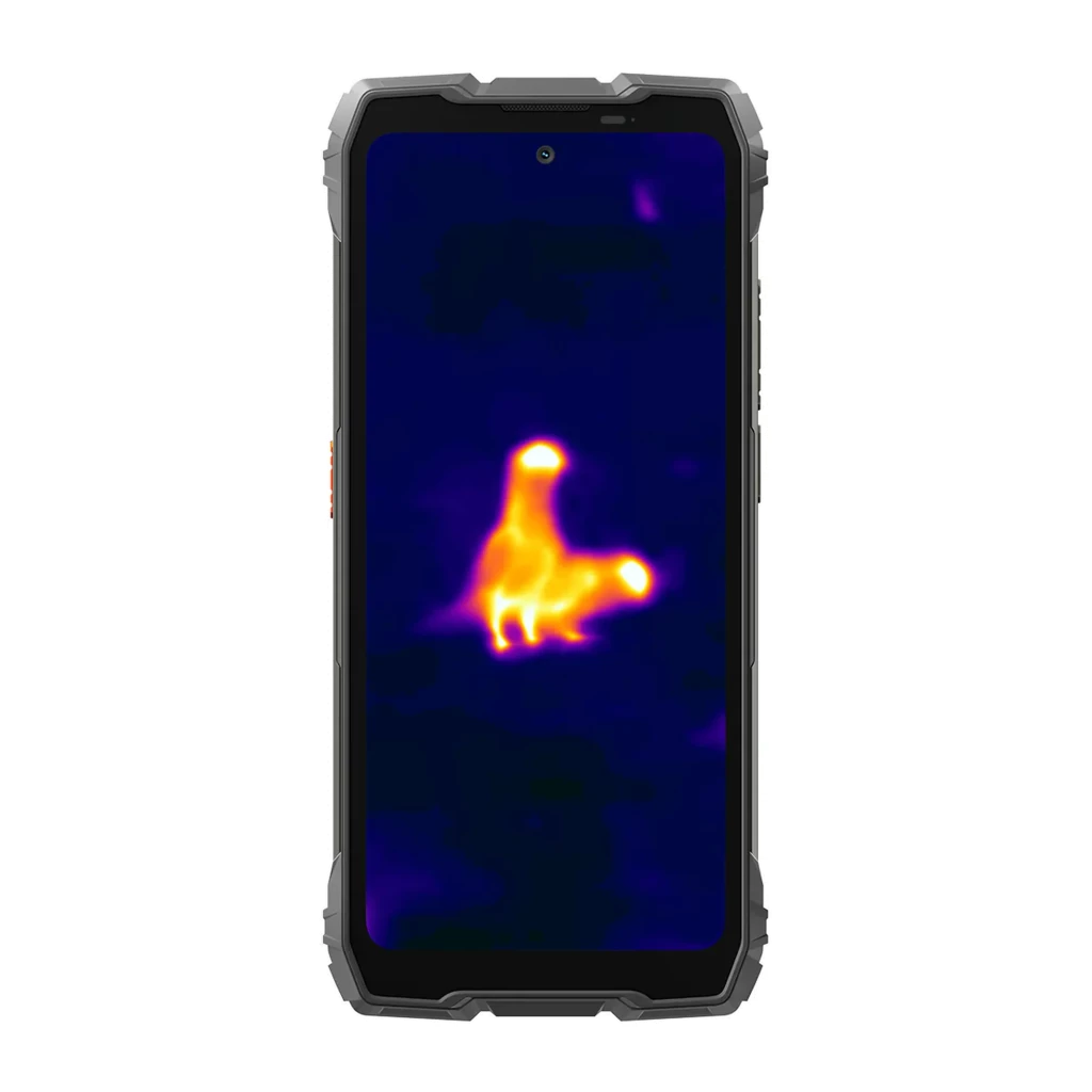 Oscal Pilot 6 256GB negro rugged con cámara térmica; pantalla mostrando mapa de calor, cuerpo robusto con bordes reforzados y botón lateral naranja
