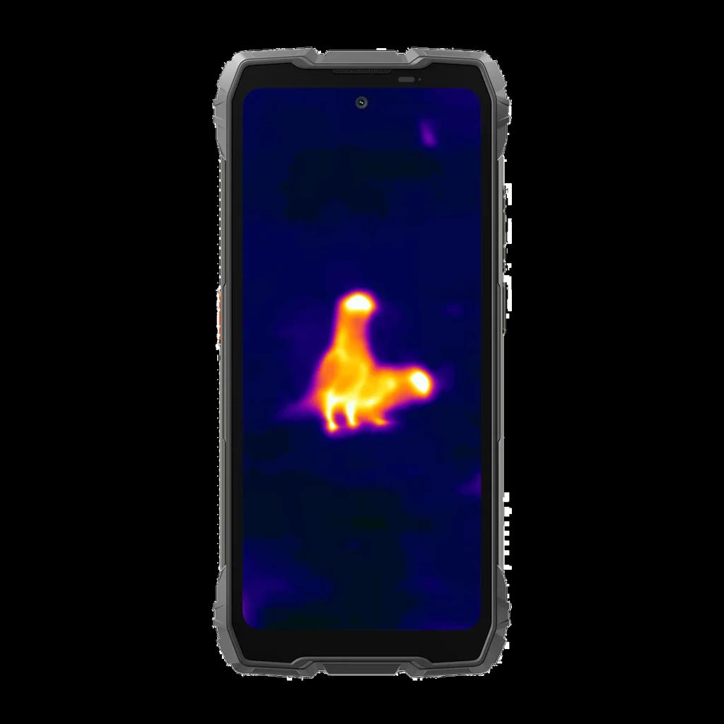 Oscal Pilot 6 256GB negro rugged con cámara térmica; pantalla mostrando mapa de calor, cuerpo robusto con bordes reforzados y botón lateral naranja