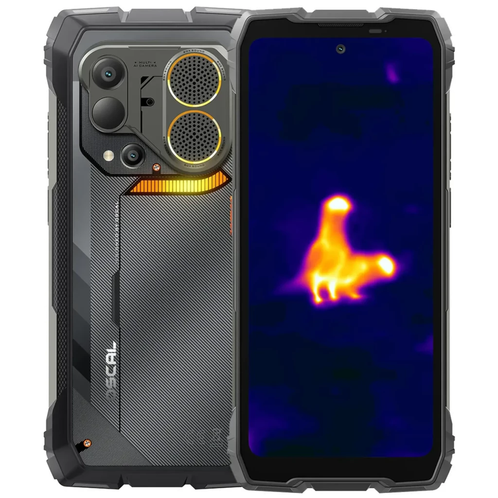 Oscal Pilot 6 preto robusto com 256 GB, 12 GB RAM, módulo de câmara dupla e lente térmica; ecrã mostrando imagem térmica em alta definição