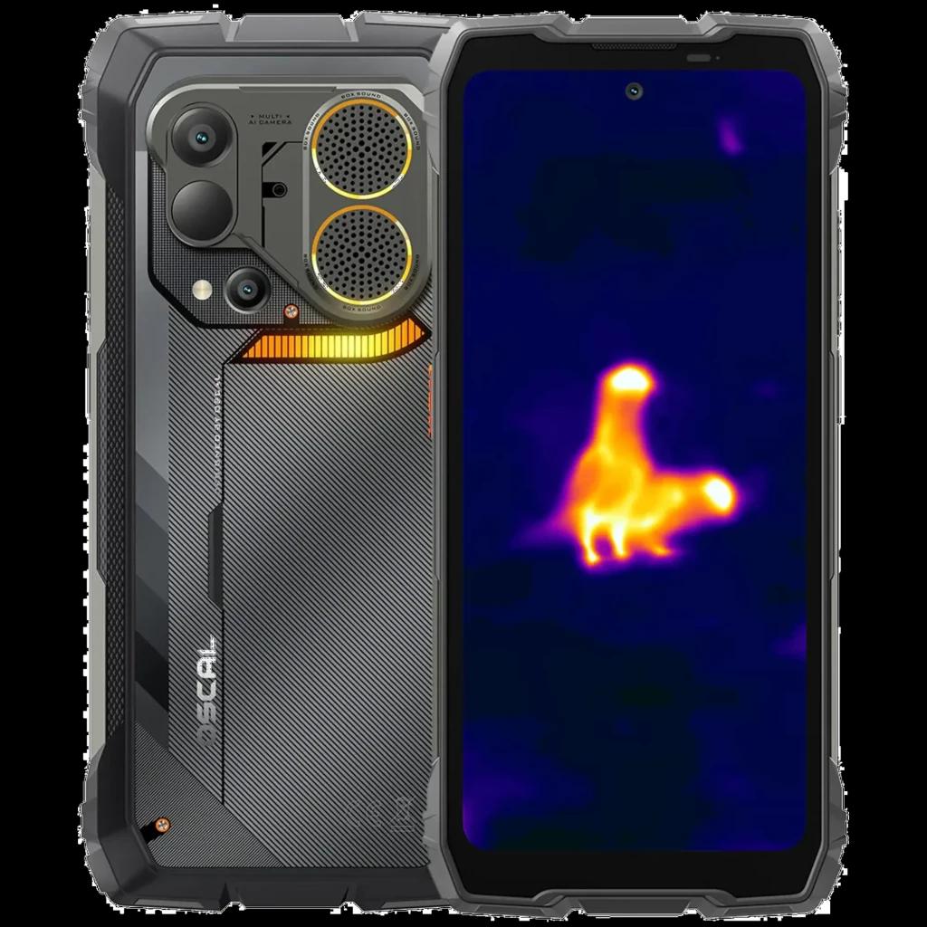 Oscal Pilot 6 256GB negro resistente, 12GB RAM. Cuerpo rugerizado, módulo de cámara robusto con sensor térmico y pantalla mostrando imagen térmica.