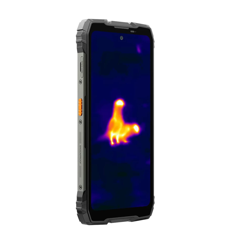 Oscal Pilot 6 256GB Negro rugerizado con 12GB RAM, borde reforzado, pantalla con lectura térmica activa mostrando silueta en mapa de calor