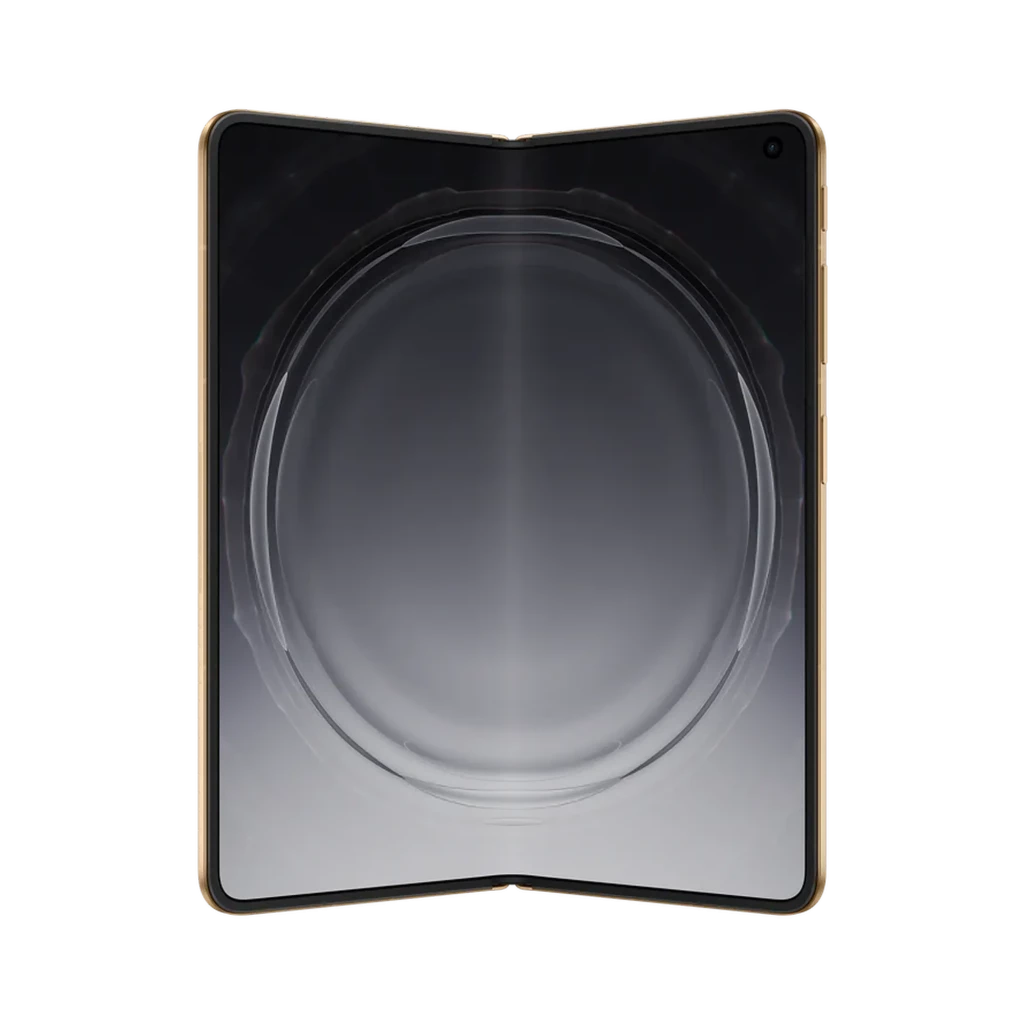 Pantalla interna plegable en negro con bisel dorado y cámara frontal perforada en esquina superior derecha, diseño simétrico y bordes metálicos elegantes