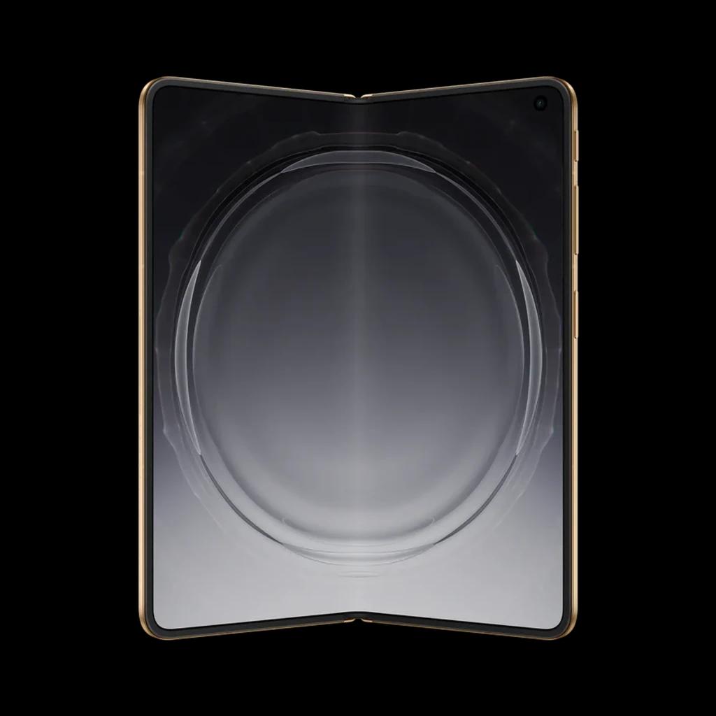 Pantalla interna plegable en negro con bisel dorado y cámara frontal perforada en esquina superior derecha, diseño simétrico y bordes metálicos elegantes