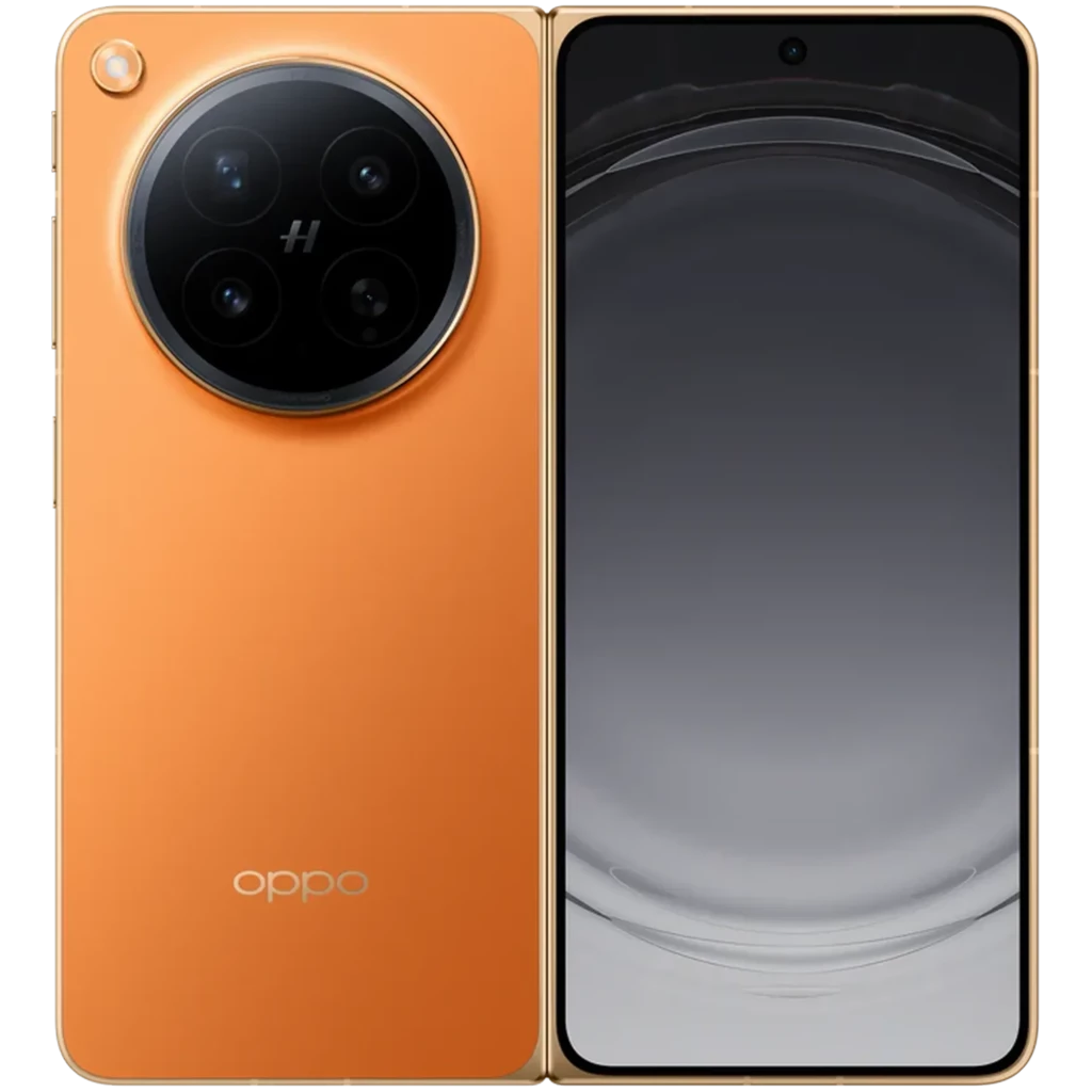 Smartphone Oppo Naranja Pétalo con gran módulo de cámara circular triple, bordes dorados, pantalla amplia con orificio centrado y acabado mate elegante