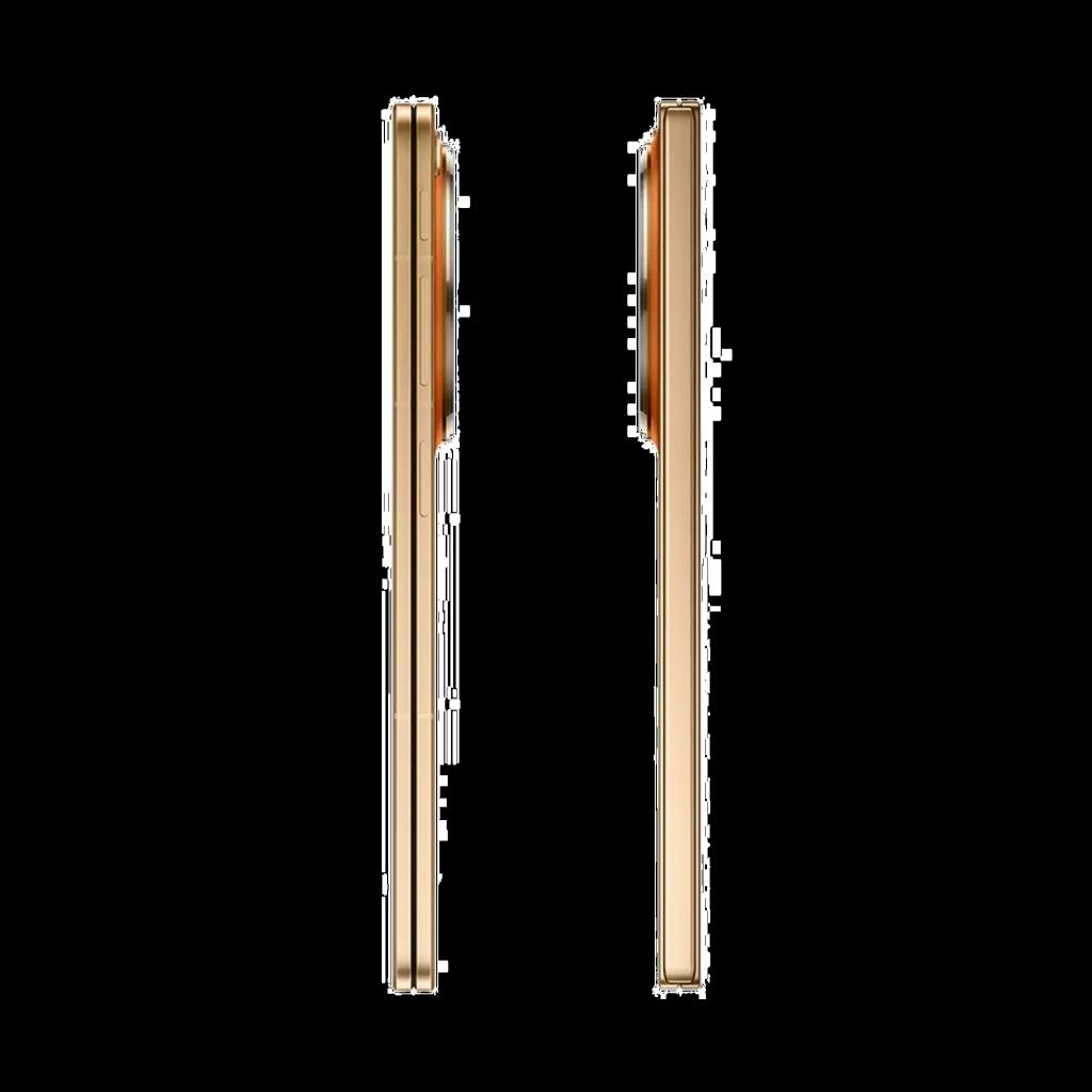 Perfil lateral dorado del Oppo Find N6 5G con módulo de cámara prominente en tono naranja pétalo y bordes planos metálicos elegantes