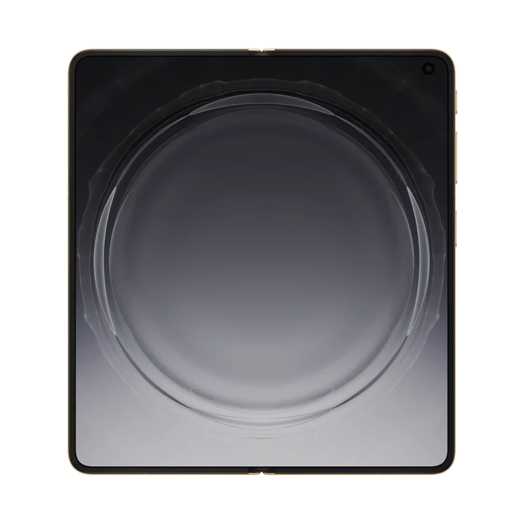 Pantalla interna cuadrada plegable con biseles delgados, perforación para cámara en esquina superior derecha y borde dorado del Oppo Find N6 5G color naranja