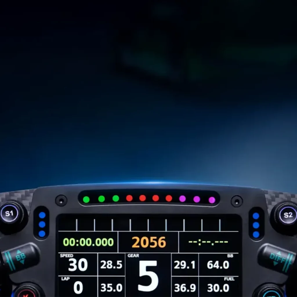 Volante Moza FSR2 con pantalla táctil 4,3", LED RGB de rpm, botones S1 y S2, carcasa de fibra de carbono Toray y display de telemetría central