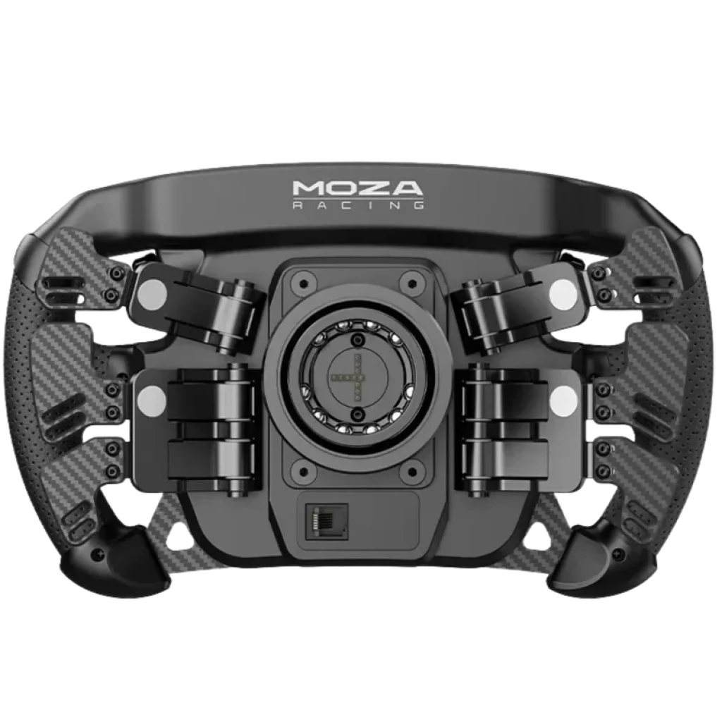 Volante Moza FSR2 con carcasa de fibra de carbono Toray, empuñaduras texturizadas, módulo central de acople rápido y botones accesibles para sim racing
