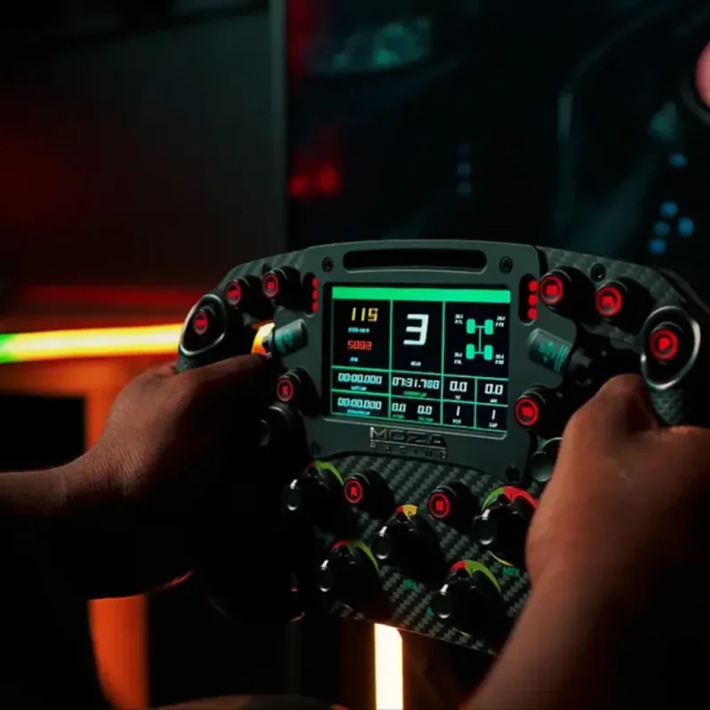 Volante Moza FSR2 con pantalla táctil 4,3 pulgadas, carcasa de fibra de carbono Toray, múltiples botones retroiluminados y perillas para simulación racing