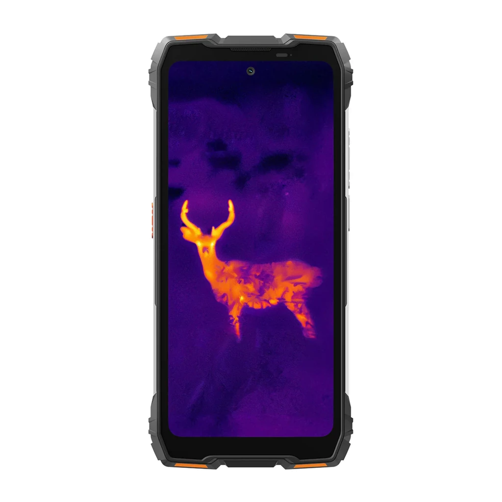 Oscal Pilot 6 naranja resistente con pantalla FullHD+ mostrando imagen térmica de ciervo, marcos reforzados, cámara frontal centrada y bordes con detalles en