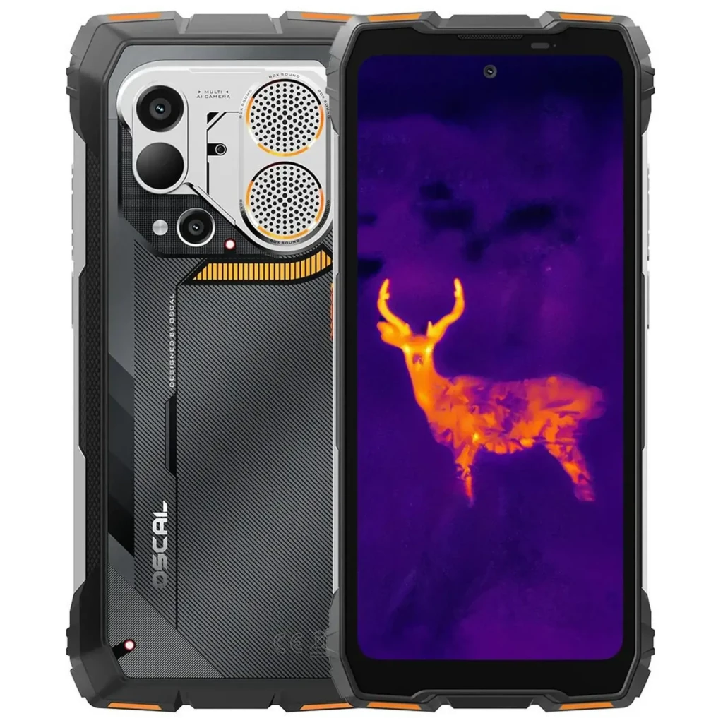 Oscal Pilot 6 naranja robusto con pantalla FullHD+ mostrando térmica, doble cámara trasera con rejillas metálicas, bordes reforzados y detalles en naranja