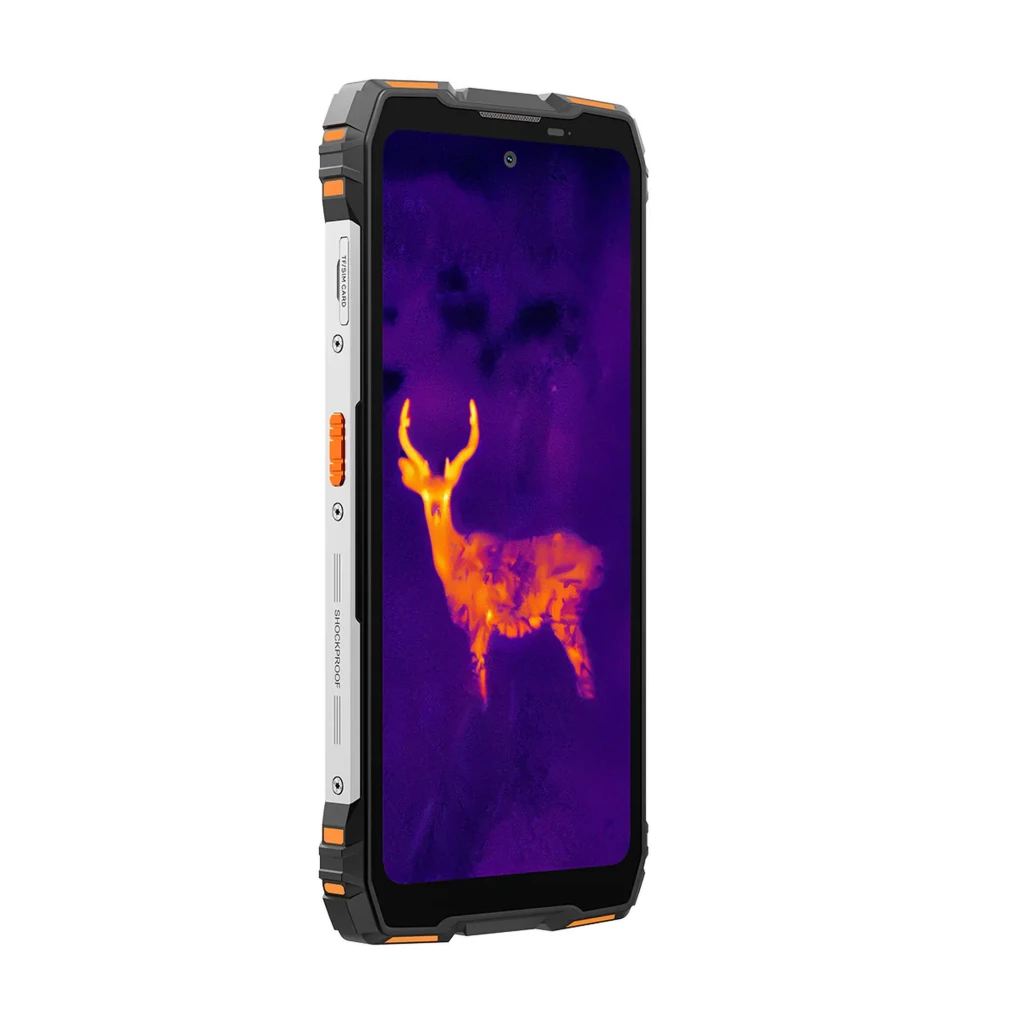 Smartphone rugerizado naranja Oscal Pilot 6 con pantalla FullHD+ y cámara térmica, 256GB, 12GB RAM, bordes reforzados y botones laterales en plata y naranja