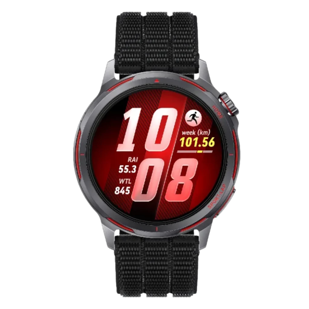 Huawei Watch GT Runner 2 noire avec écran AMOLED 1,32 pouces, lunette grise avec détails rouges, bracelet textile noir et mesures sportives à l'écran