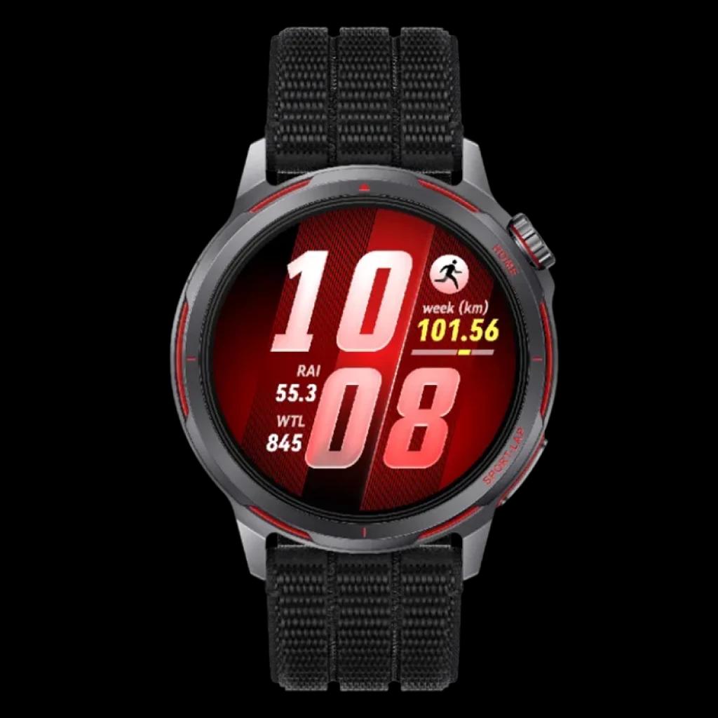 Huawei Watch GT Runner 2 noire avec écran AMOLED 1,32 pouces, lunette grise avec détails rouges, bracelet textile noir et mesures sportives à l'écran