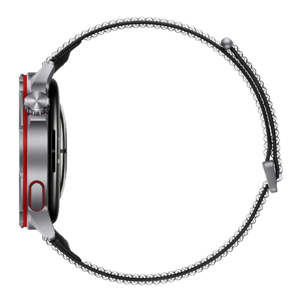 Vue latérale de la couronne tournante et finition en titane de la Watch GT Runner 2