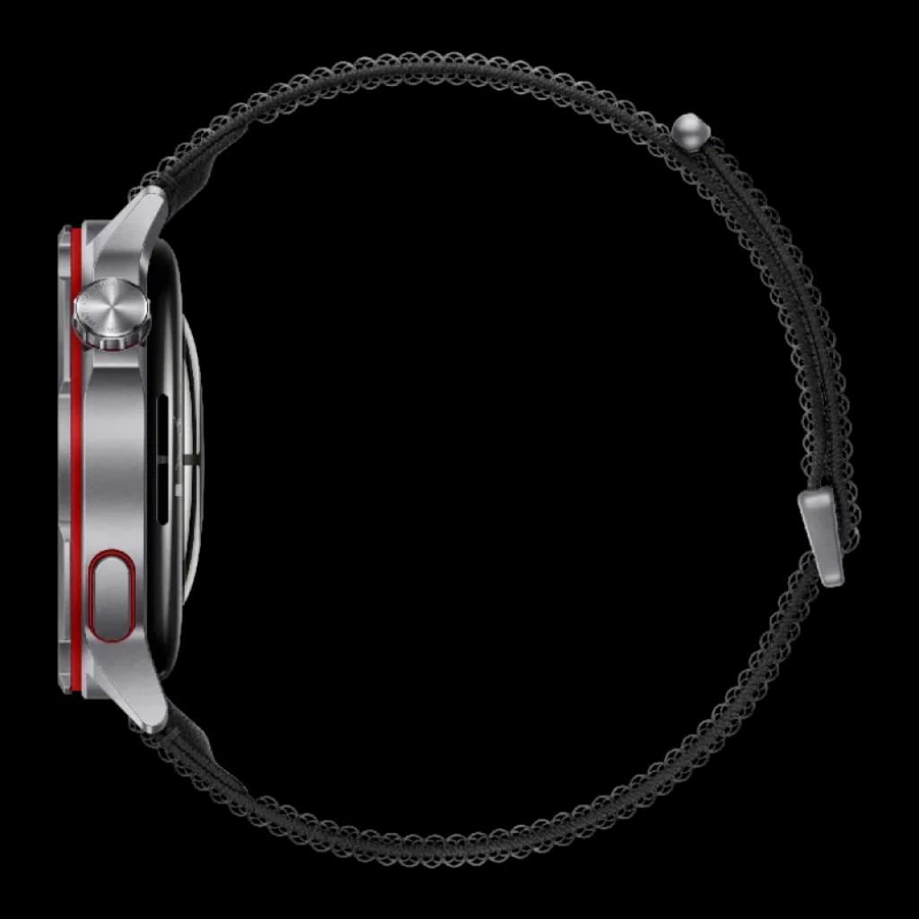 Vue latérale de la couronne tournante et finition en titane de la Watch GT Runner 2