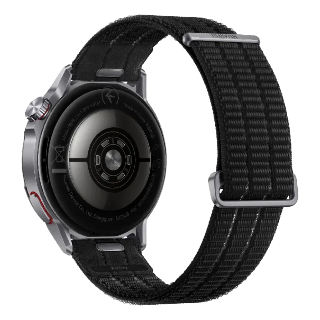 Huawei Watch GT Runner 2 noire avec bracelet textile ajustable, boîtier métallique argenté et capteurs arrière