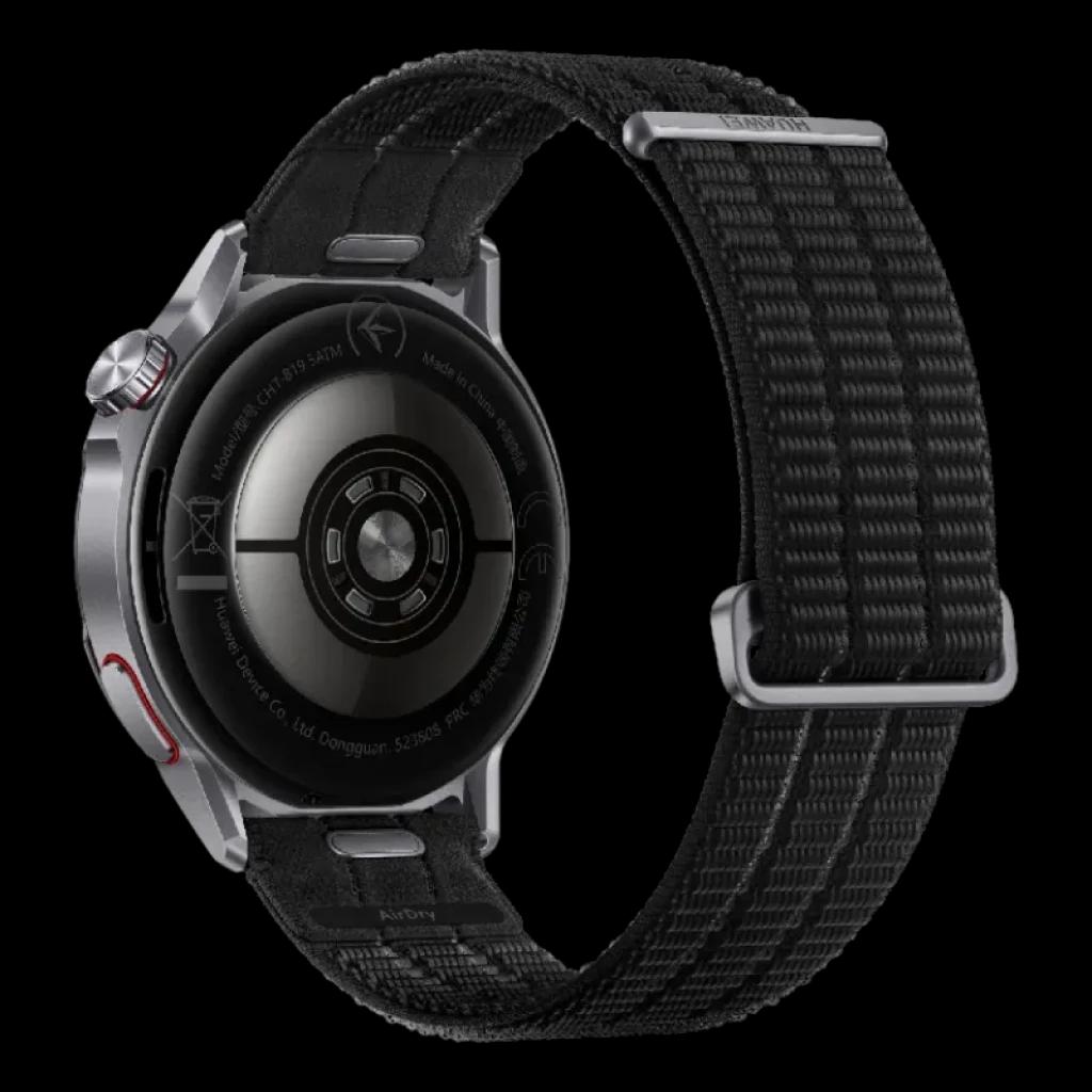 Huawei Watch GT Runner 2 noire avec bracelet textile ajustable, boîtier métallique argenté et capteurs arrière